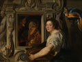 Quadro decorativo 'A Oferta de Frutas' de Jacob Jordaens. Uma mulher com um cesto de uvas olha para o espectador, enquanto uma cena dentro de uma moldura, iluminada por uma vela, mostra figuras interagindo. Um papagaio azul e dourado está à direita e esculturas ornamentadas decoram a moldura.