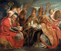 Quadro decorativo mostrando a obra 'Os Quatro Doutores da Igreja' de Jacob Jordaens, com São Jerônimo lendo um livro ao lado de um leão, Santo Agostinho, São Gregório Magno e Santo Ambrósio, cercados por anjos. As cores são ricas e a cena é dramática.