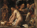 Quadro 'Susana e os Anciãos' de Jacob Jordaens, mostrando uma mulher nua à esquerda banhando os pés, enquanto dois homens idosos a observam secretamente da direita. Um cachorro pequeno está à esquerda inferior.