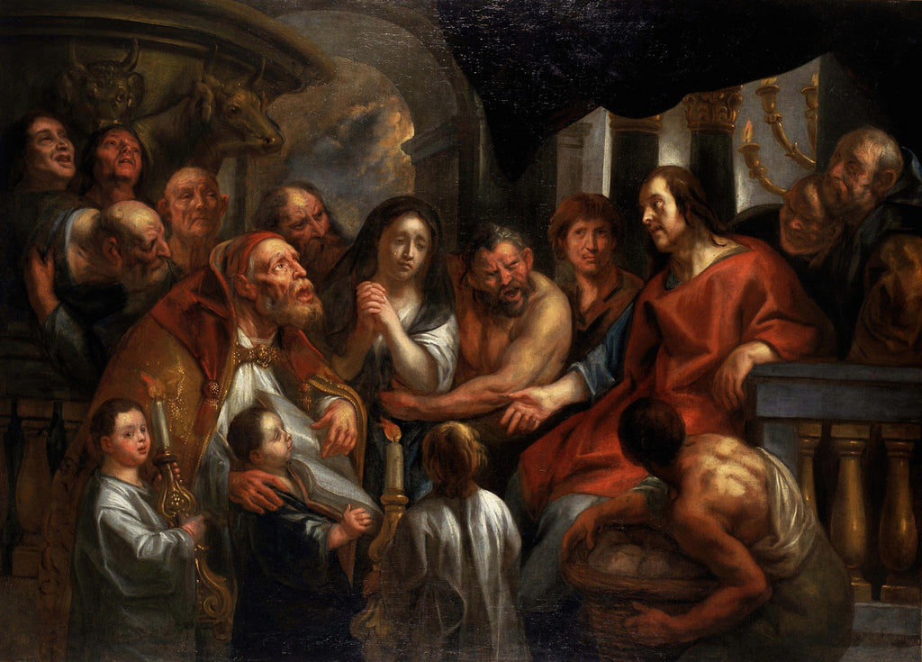 Pintura barroca de Jacob Jordaens, 'A Adoração dos Pastores', retratando figuras bíblicas e camponeses em torno do menino Jesus, com expressões dramáticas e iluminação contrastante.