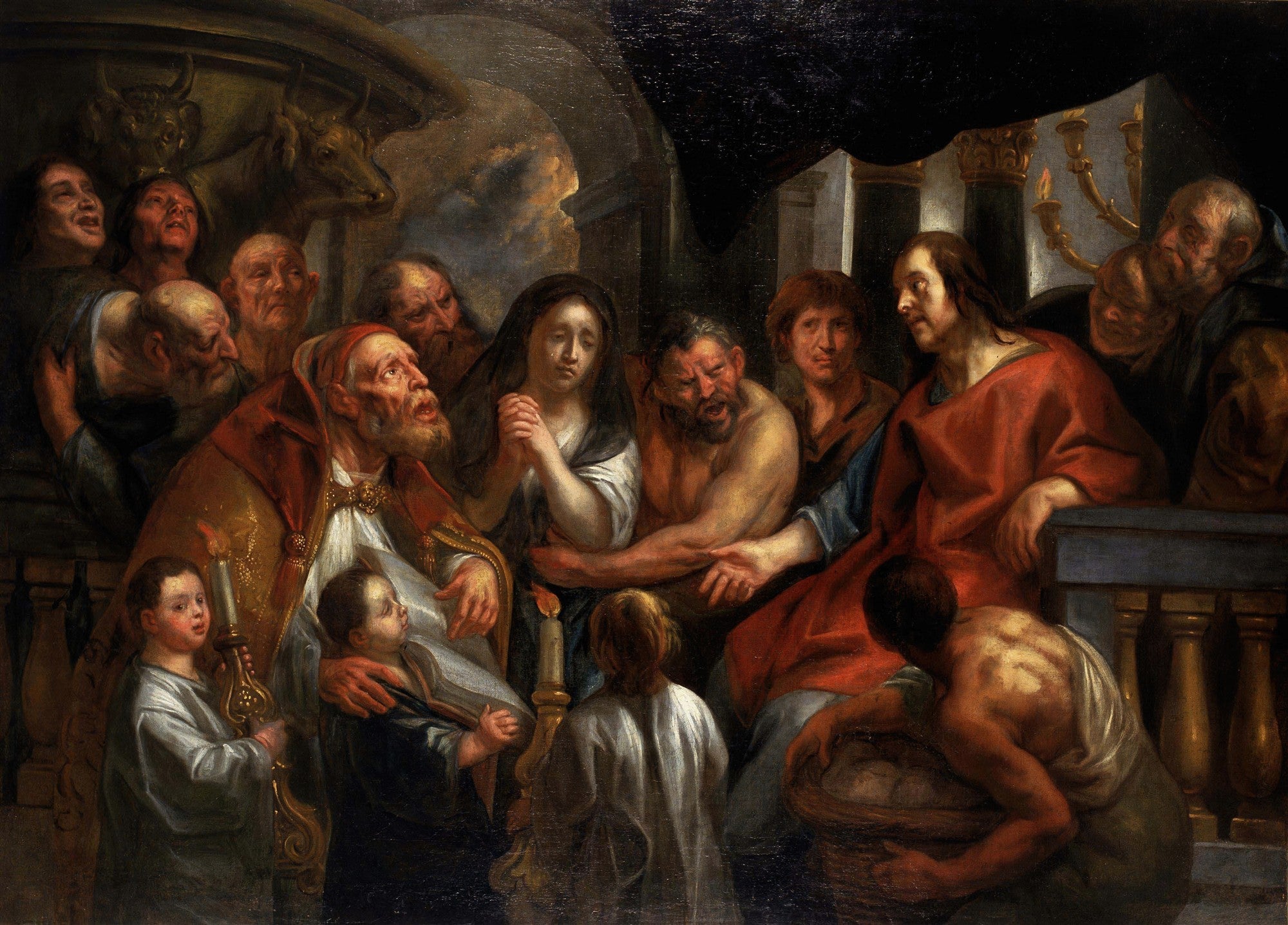 Pintura barroca de Jacob Jordaens, 'A Adoração dos Pastores', retratando figuras bíblicas e camponeses em torno do menino Jesus, com expressões dramáticas e iluminação contrastante.