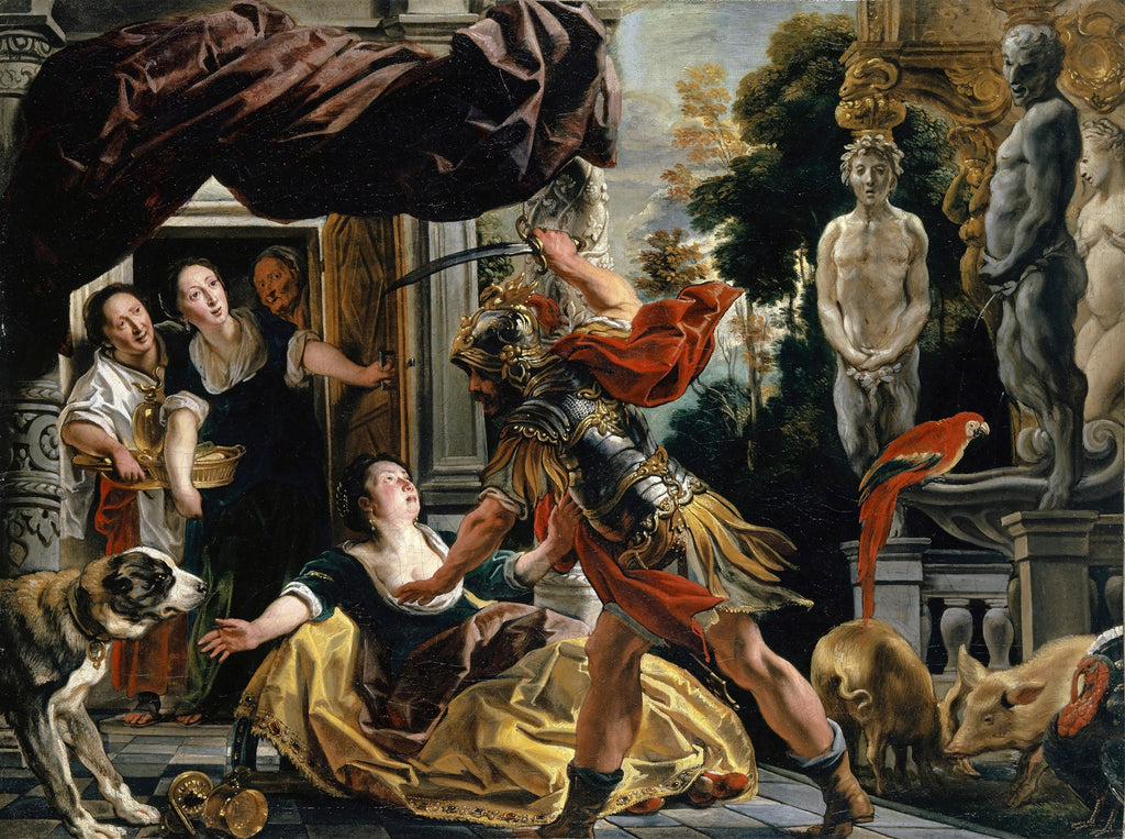 Pintura barroca de Jacob Jordaens, "A Fuga de Lot e Suas Filhas", retratando uma cena dramática de fuga com figuras em movimento, um soldado com espada, e detalhes de arquitetura e animais.
