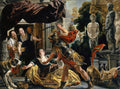 Pintura barroca de Jacob Jordaens, "A Fuga de Lot e Suas Filhas", retratando uma cena dramática de fuga com figuras em movimento, um soldado com espada, e detalhes de arquitetura e animais.