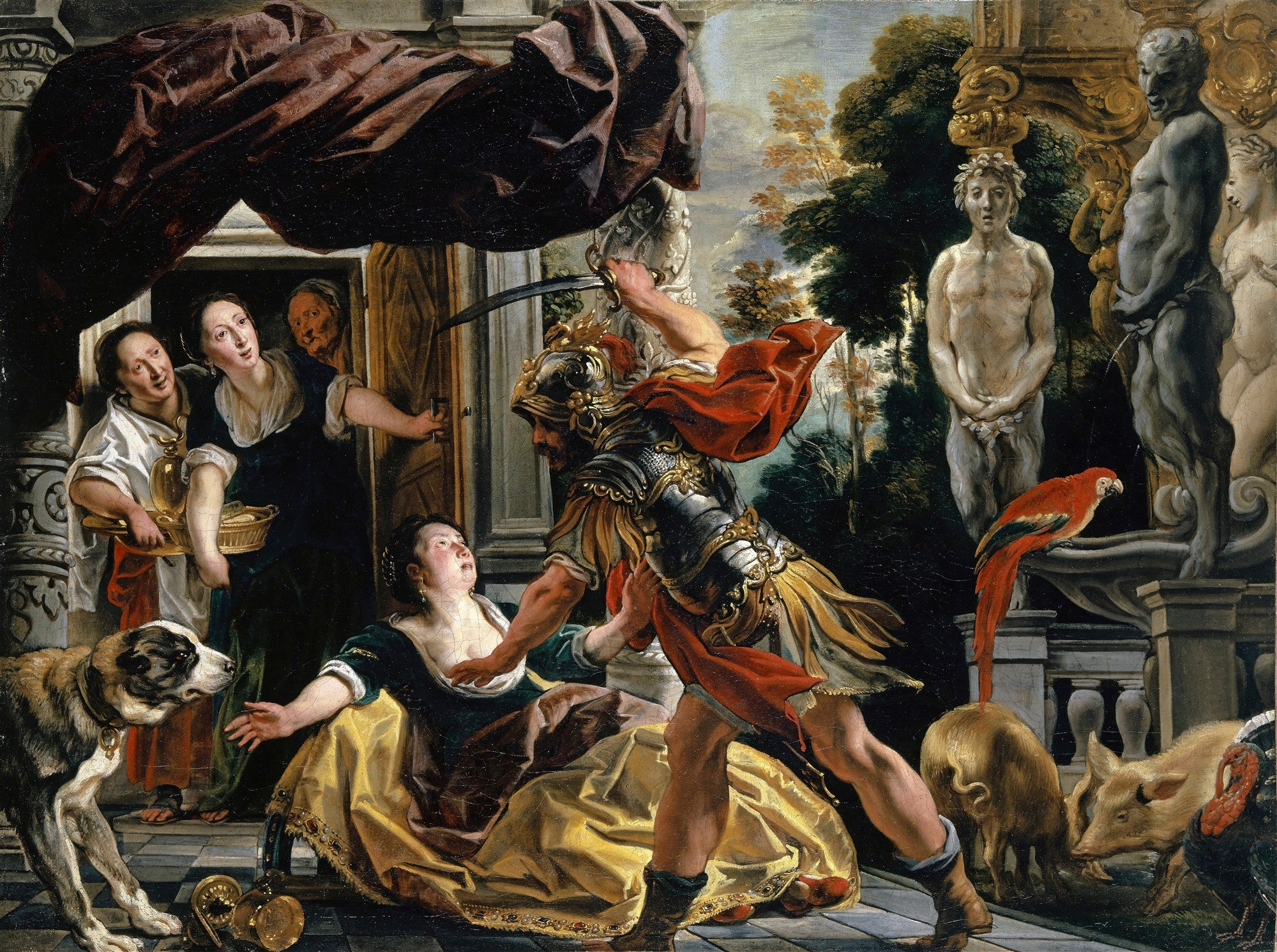 Pintura barroca de Jacob Jordaens, "A Fuga de Lot e Suas Filhas", retratando uma cena dramática de fuga com figuras em movimento, um soldado com espada, e detalhes de arquitetura e animais.
