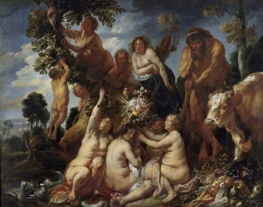 Quadro decorativo mostrando a obra 'A Abundância' de Jacob Jordaens, com figuras mitológicas e camponesas celebrando a colheita em uma cena opulenta e cheia de vida.