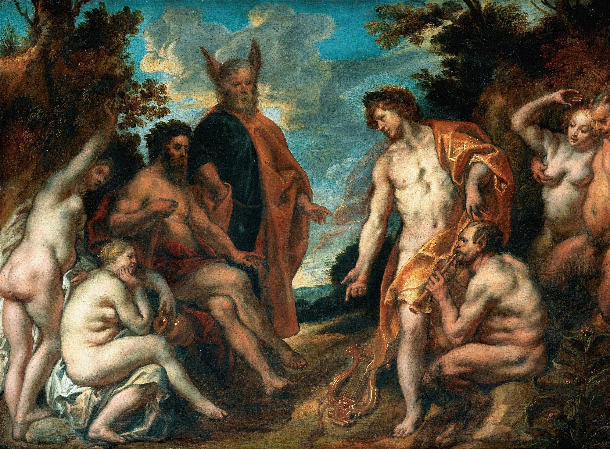Quadro decorativo do artista Jacob Jordaens, mostrando figuras mitológicas, incluindo Apolo com uma lira e Marsias com uma flauta, em um concurso musical, com outros personagens como Midas, ninfas e sátiros, em uma paisagem exuberante.