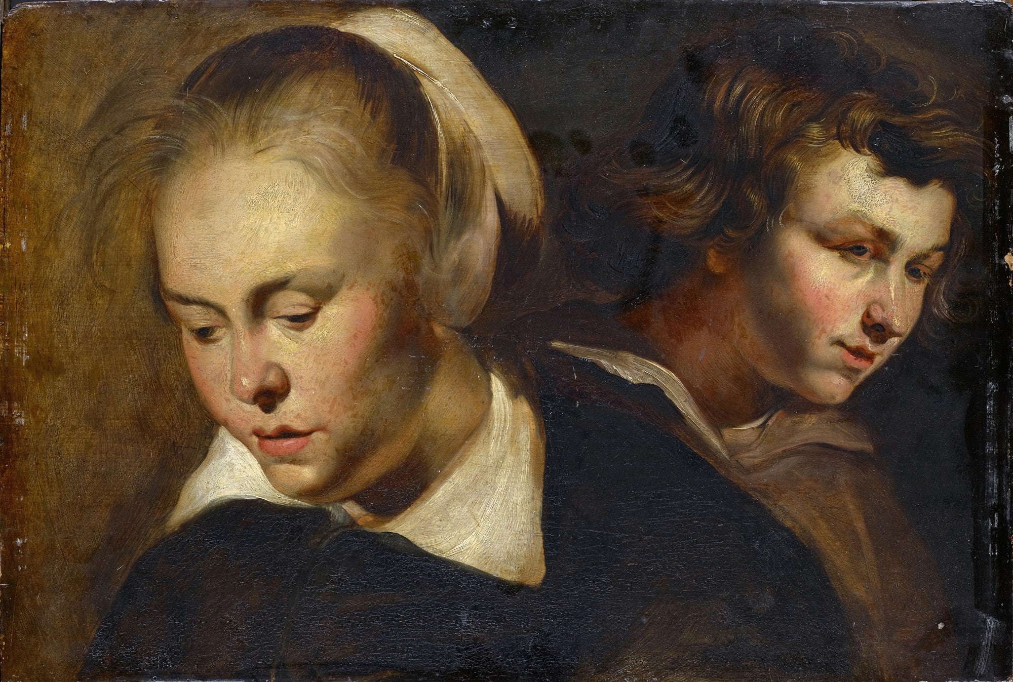 Quadro decorativo com dois estudos de cabeça, uma mulher de perfil olhando para baixo e um jovem atrás dela, ambos com expressões pensativas, em estilo barroco de Jacob Jordaens.
