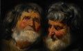 Quadro a óleo com dois bustos de homens idosos, com barbas brancas e expressões faciais intensas, em fundo escuro. A luz incide sobre seus rostos e barbas.