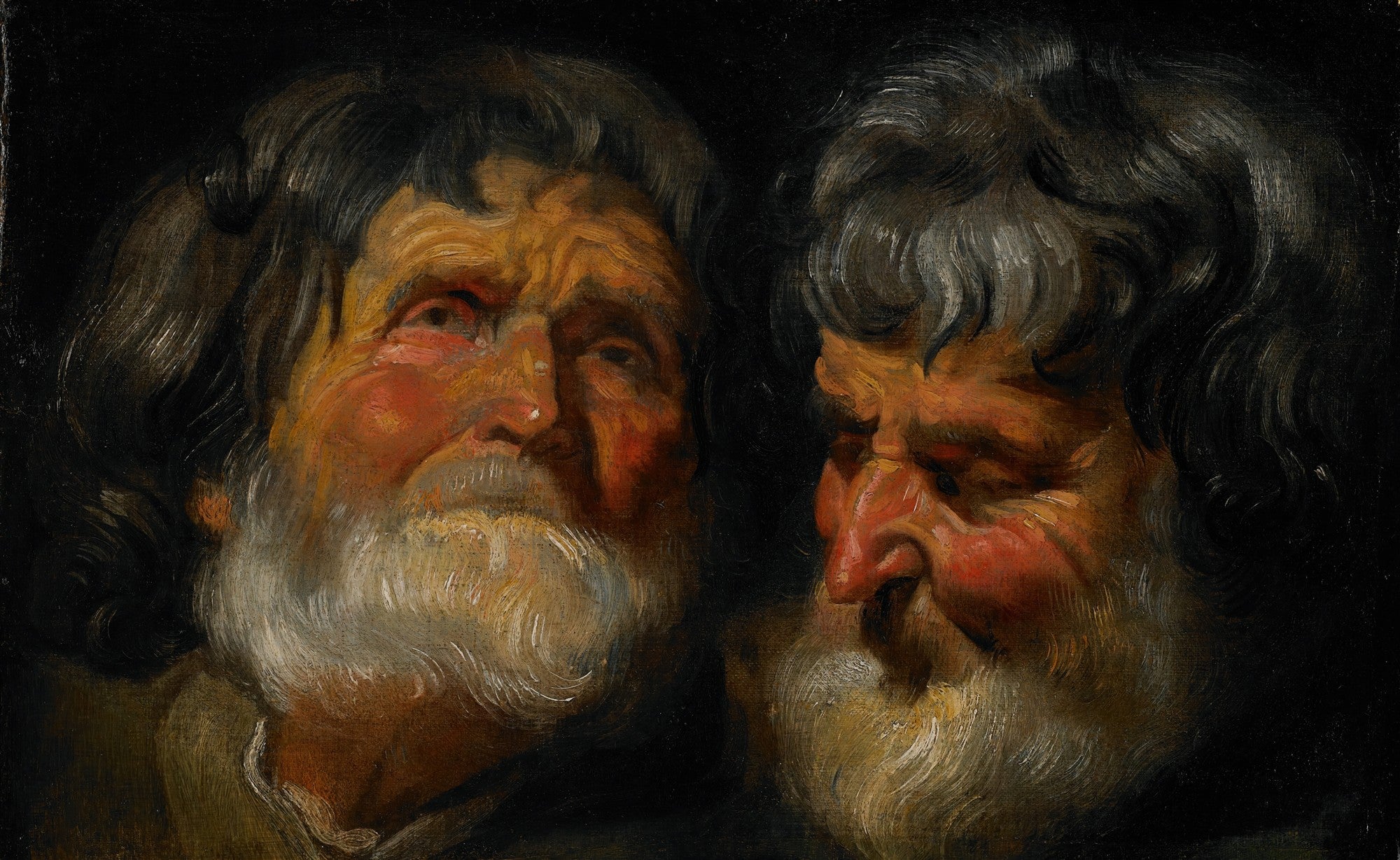 Quadro a óleo com dois bustos de homens idosos, com barbas brancas e expressões faciais intensas, em fundo escuro. A luz incide sobre seus rostos e barbas.