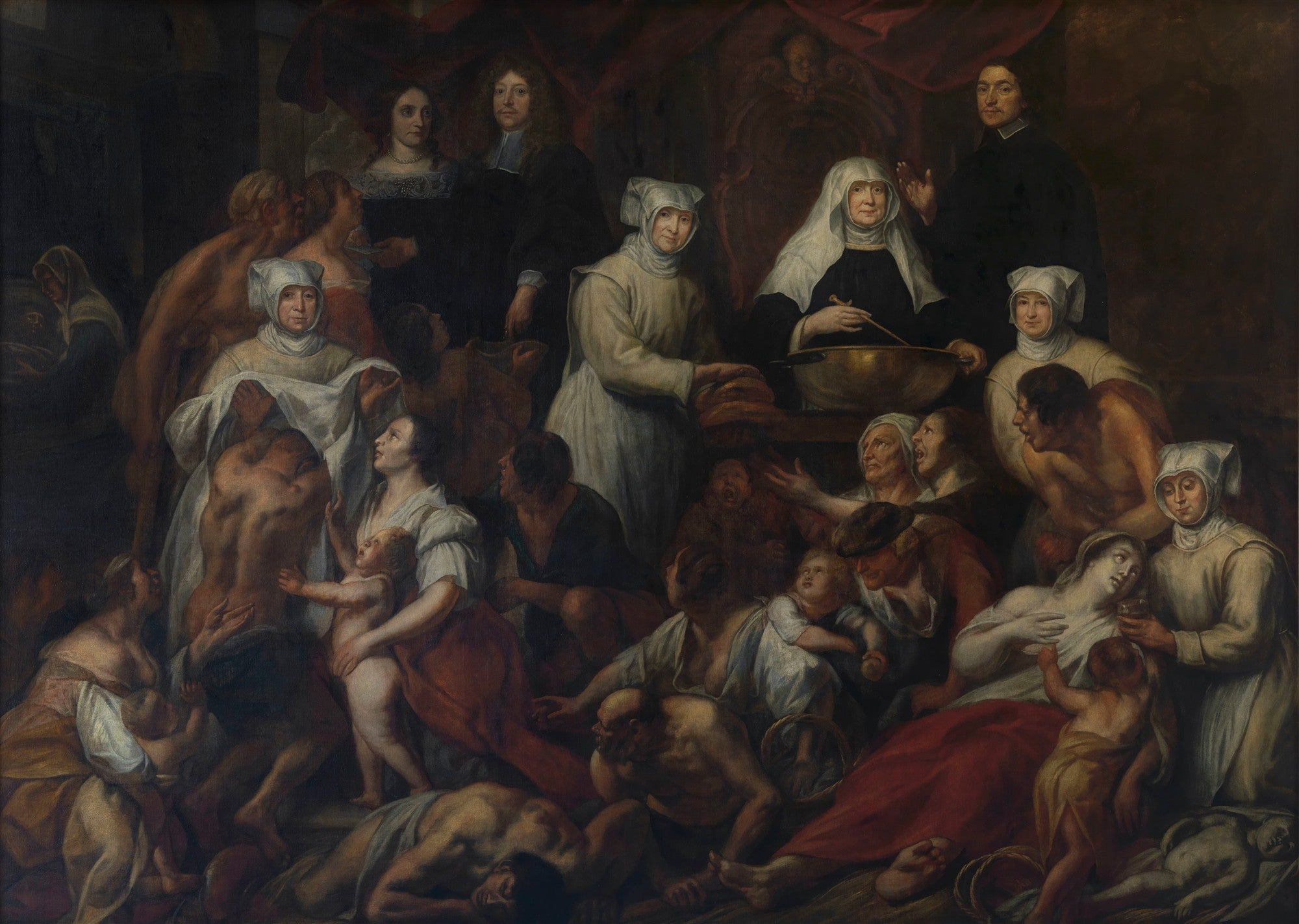 Pintura barroca de Jacob Jordaens, A Caridade Romana, mostrando uma jovem mulher amamentando um homem idoso em uma prisão, rodeados por outras figuras em cenas de caridade e sofrimento, com cores ricas e dramáticas.