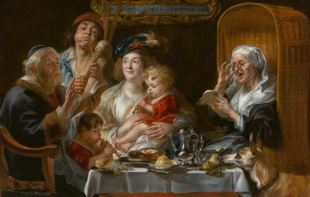 Quadro decorativo com a pintura 'Como os Velhos Cantaram, os Jovens Tocam Flauta' de Jacob Jordaens, retratando uma família musical com idosos, adultos e crianças tocando instrumentos e cantando, em estilo barroco flamengo.