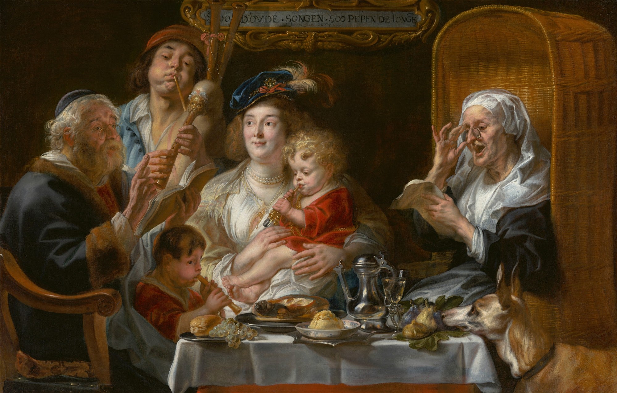 Quadro decorativo com a pintura 'Como os Velhos Cantaram, os Jovens Tocam Flauta' de Jacob Jordaens, retratando uma família musical com idosos, adultos e crianças tocando instrumentos e cantando, em estilo barroco flamengo.