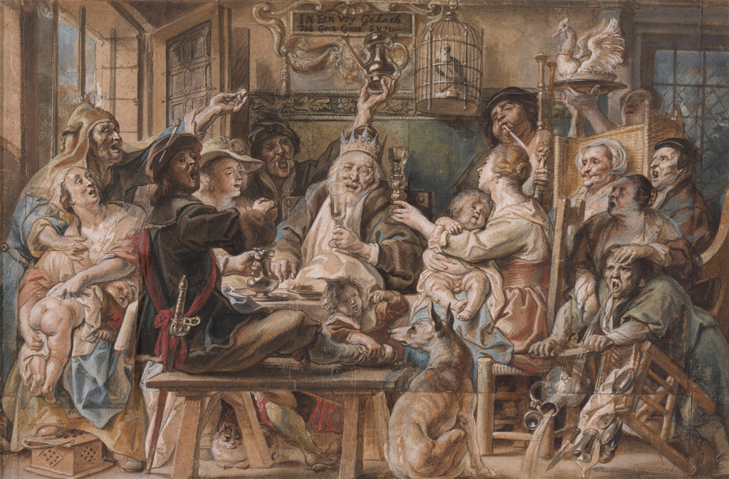 Quadro decorativo mostrando uma cena barroca de festa, com diversas pessoas bebendo, cantando e celebrando em torno de uma mesa, com um homem coroado ao centro, atribuída a Jacob Jordaens.