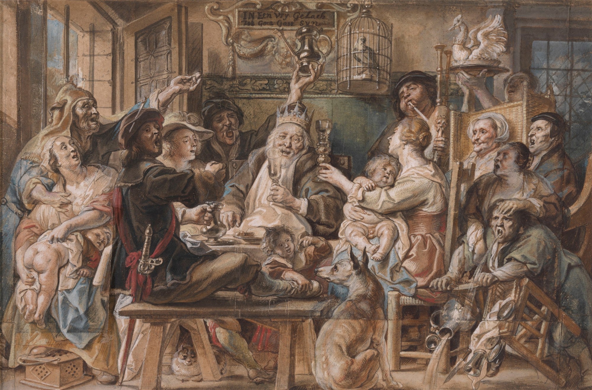 Quadro decorativo mostrando uma cena barroca de festa, com diversas pessoas bebendo, cantando e celebrando em torno de uma mesa, com um homem coroado ao centro, atribuída a Jacob Jordaens.