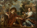 Quadro decorativo "O Pastor Adormecido" de Jacob Jordaens, retratando um pastor adormecido sob uma árvore, com uma pastora oferecendo-lhe água. Ao redor, ovelhas e uma cabra, em uma paisagem rural.