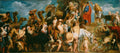 Quadro decorativo mostrando a obra 'A Fonte de Moises' de Jacob Jordaens, com uma multidão de pessoas, animais e crianças em torno de uma rocha, onde Moises bate e faz jorrar água, em estilo barroco.
