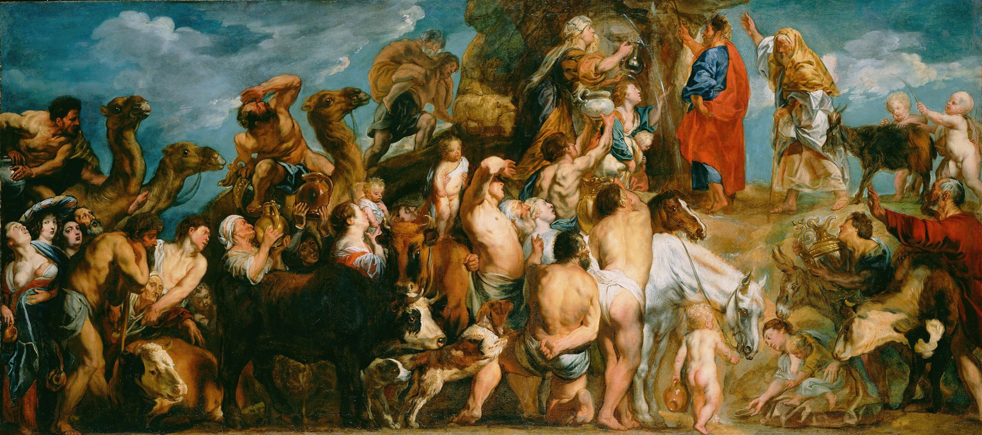 Quadro decorativo mostrando a obra 'A Fonte de Moises' de Jacob Jordaens, com uma multidão de pessoas, animais e crianças em torno de uma rocha, onde Moises bate e faz jorrar água, em estilo barroco.