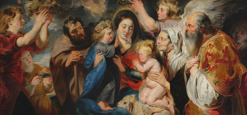 Quadro decorativo retratando A Sagrada Familia com Sao Joao Batista, Santa Ana e Anjos, obra de Jacob Jordaens, em estilo barroco, com cores ricas e figuras expressivas