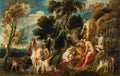 Quadro decorativo 'A Oferta a Pan' de Jacob Jordaens, retratando uma cena mitológica barroca em uma paisagem exuberante com figuras nuas e seminuas oferecendo tributo a Pan, com cabras e árvores ao redor.