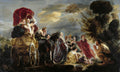 Pintura barroca de Jacob Jordaens, representando a rainha Tomyris recebendo a cabeça de Ciro, com figuras expressivas e uma carruagem dourada ao fundo.