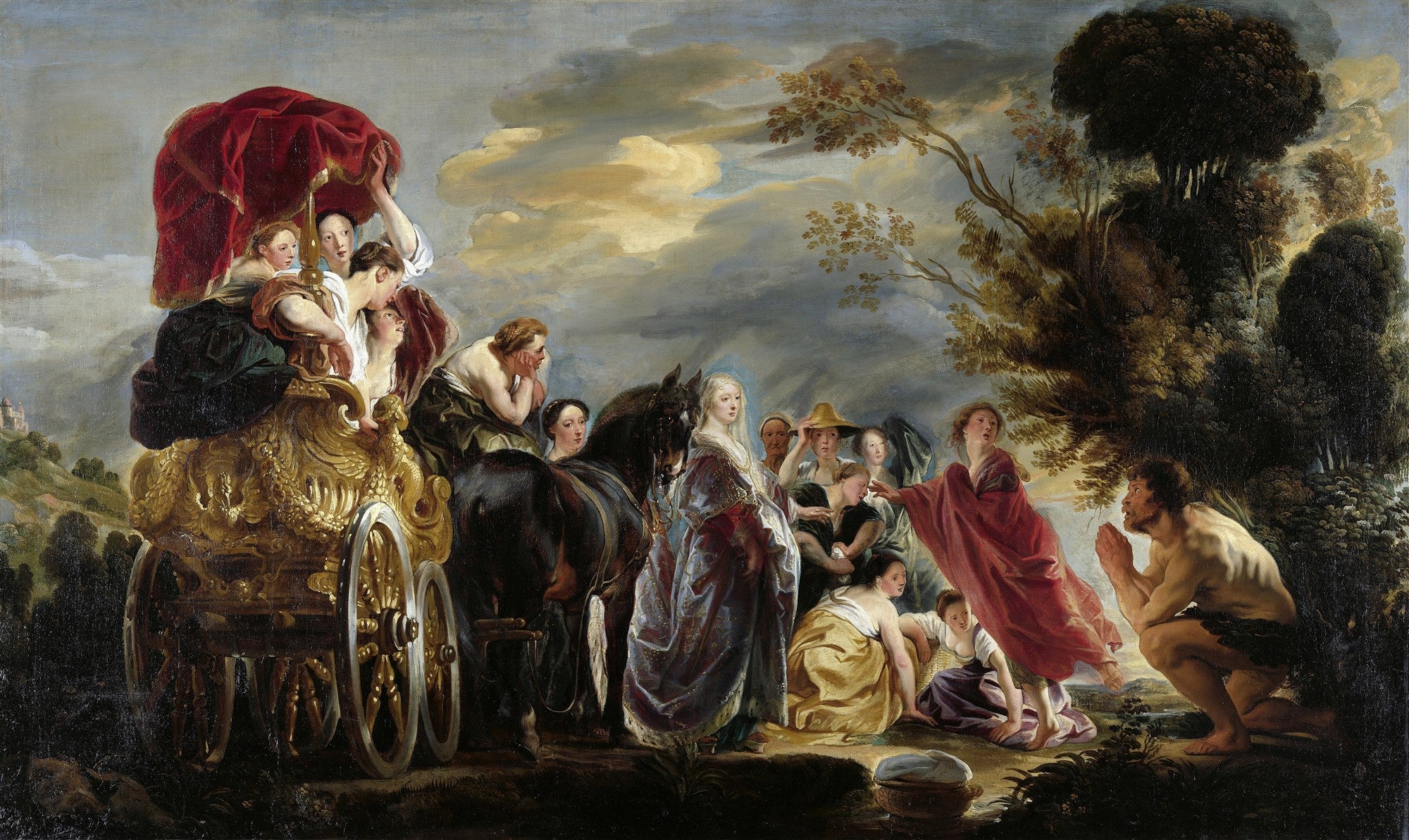 Pintura barroca de Jacob Jordaens, representando a rainha Tomyris recebendo a cabeça de Ciro, com figuras expressivas e uma carruagem dourada ao fundo.