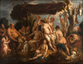 Pintura barroca de Jacob Jordaens, 'A Oferenda a Ceres', mostrando figuras mitológicas nuas e seminua em uma cena de celebração com frutas e animais, em tons terrosos e dourados.