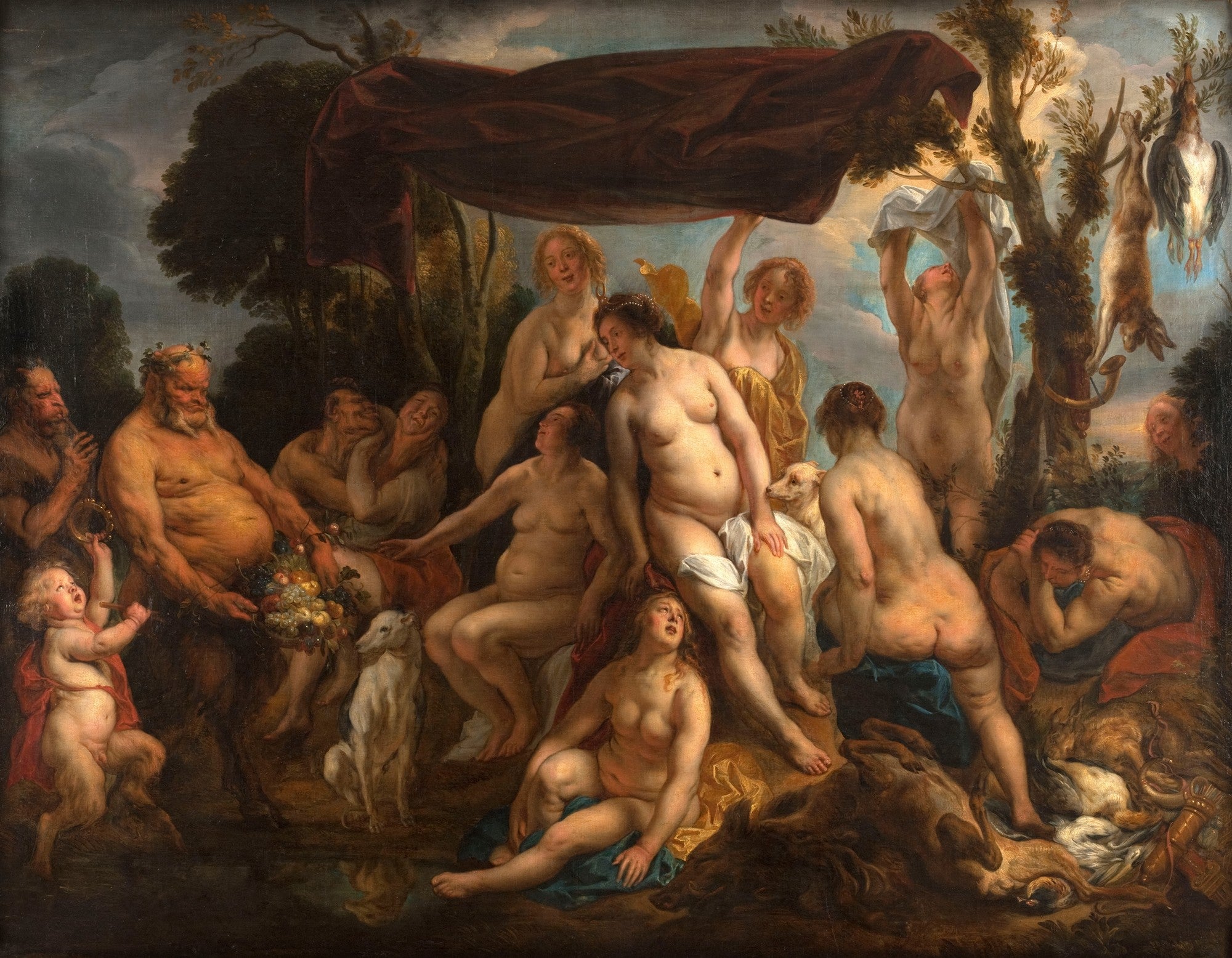 Pintura barroca de Jacob Jordaens, 'A Oferenda a Ceres', mostrando figuras mitológicas nuas e seminua em uma cena de celebração com frutas e animais, em tons terrosos e dourados.
