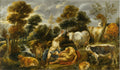Quadro decorativo mostrando a cena mitológica de Mercúrio, nu e segurando uma espada, preparando-se para matar Argos, que está adormecido, cercados por gado e uma paisagem campestre exuberante.