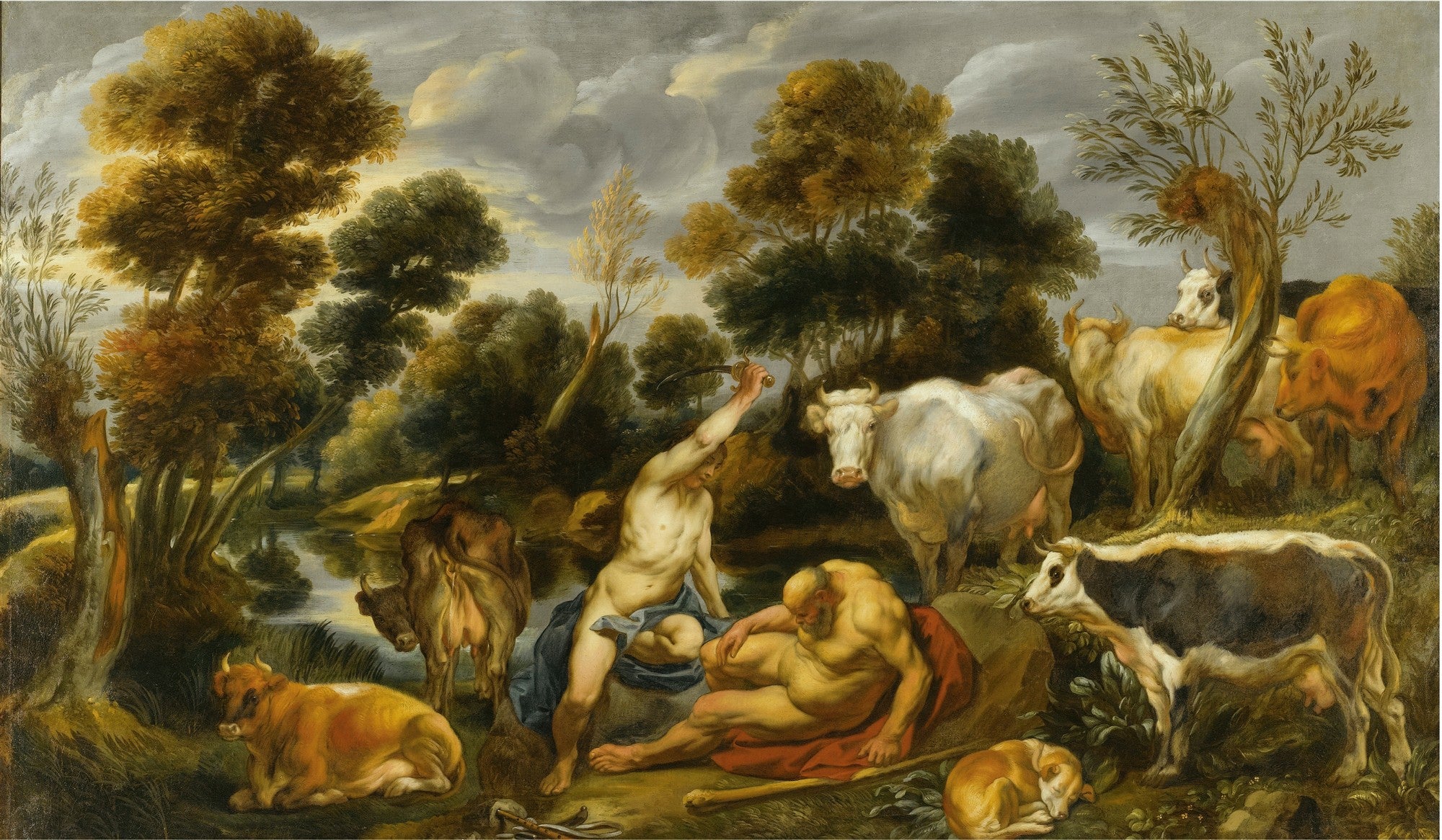 Quadro decorativo mostrando a cena mitológica de Mercúrio, nu e segurando uma espada, preparando-se para matar Argos, que está adormecido, cercados por gado e uma paisagem campestre exuberante.