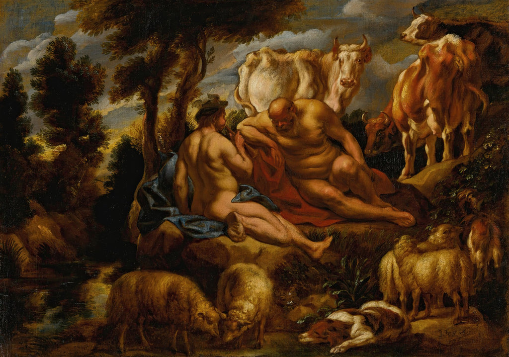 Quadro decorativo 'Mercúrio e Argos' de Jacob Jordaens, mostrando Mercúrio tocando flauta para Argos, rodeados por gado e ovelhas em paisagem campestre sob árvores.