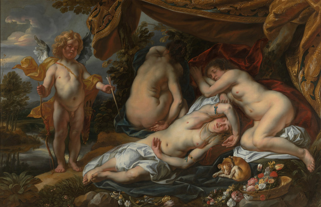 Quadro decorativo atribuído a Jacob Jordaens, mostrando uma cena mitológica com figuras nuas e um cupido. A composição é rica em detalhes e cores quentes, retratando o sono e a beleza clássica.