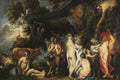 Quadro decorativo 'A Abundância da Terra' de Jacob Jordaens, retratando figuras mitológicas em uma cena de fartura com frutas, animais e nudez, sob um céu dramático e árvores frondosas.