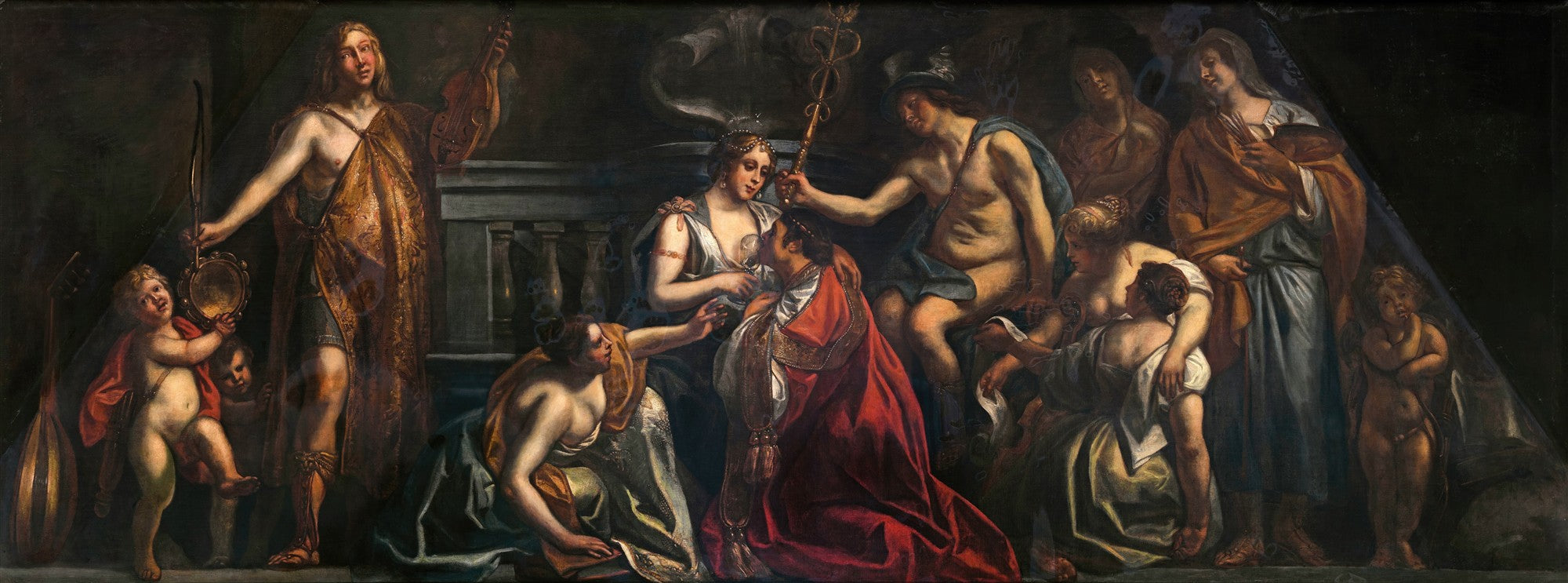 Uma pintura barroca de Jacob Jordaens, possivelmente 'A Oferenda a Ceres', mostrando diversas figuras mitológicas em uma composição dramática e rica em detalhes, com tons escuros e iluminação intensa.