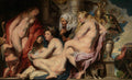 Quadro decorativo detalhado de A Abundância de Jacob Jordaens, mostrando figuras femininas opulentas, um cupido, uma velha, um papagaio e um peru, em estilo barroco flamengo.