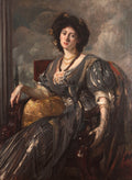 Retrato de uma mulher sentada, com vestido escuro elegante e joias, em pintura a óleo de Jacques Émile Blanche