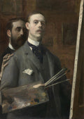 Pintura a óleo de Jacques Émile Blanche, 'O Artista e Seu Modelo', retratando um homem com bigode segurando uma paleta e pincéis, e outro homem barbudo com a mão em seu ombro, ambos em tons sóbrios.