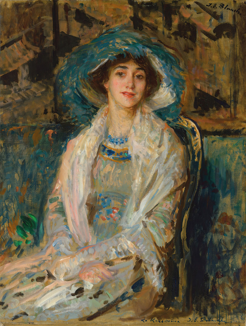 Retrato a óleo de uma mulher com um chapéu azul grande, sentada, com olhar direto e expressivo, em estilo pós-impressionista de Jacques Émile Blanche.