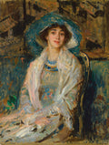 Retrato a óleo de uma mulher com um chapéu azul grande, sentada, com olhar direto e expressivo, em estilo pós-impressionista de Jacques Émile Blanche.