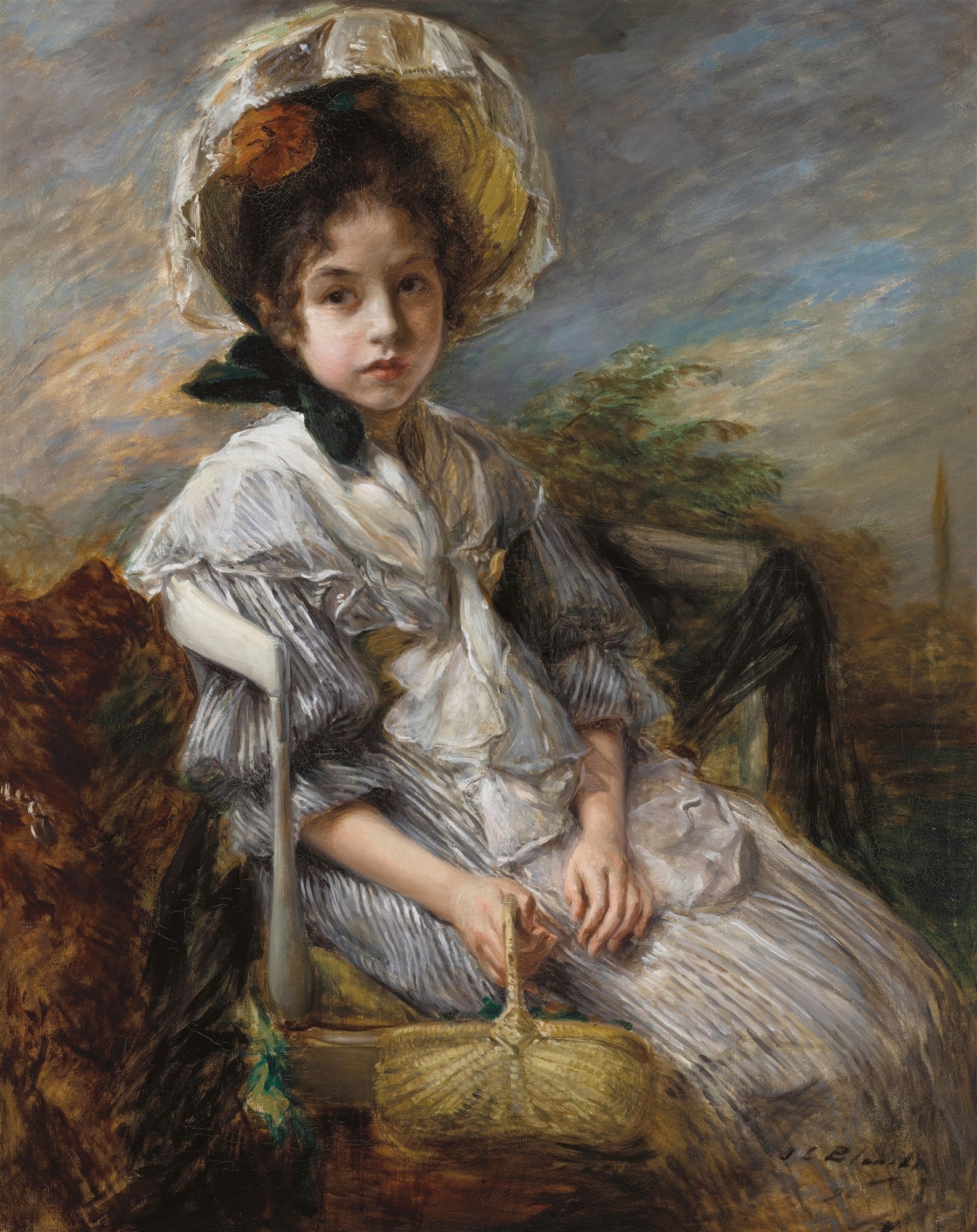 Retrato de uma jovem menina com chapéu claro, sentada com uma cesta em suas mãos, em um ambiente campestre, obra de Jacques Émile Blanche.