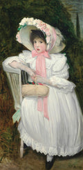 Retrato de uma menina sentada, vestindo um vestido branco de renda, chapéu adornado com flores e um laço rosa, segurando uma cesta, contra um fundo verde escuro, atribuído a Jacques Émile Blanche.