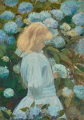 Pintura a óleo de Jacques Émile Blanche mostrando uma jovem de cabelos loiros e vestido branco, de costas, em um jardim repleto de hortênsias azuis e esverdeadas, colhendo ou observando as flores.