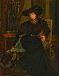 Retrato de uma mulher sentada, vestindo um chapéu grande e um vestido escuro, em um ambiente de época com detalhes em madeira e tecido. A mulher tem cabelos ruivos e um olhar pensativo.