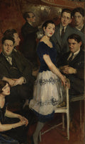 Uma pintura a óleo de Jacques Émile Blanche chamada 'A Conversa', retratando uma mulher central com um vestido azul e branco, cercada por vários homens em uma cena social.