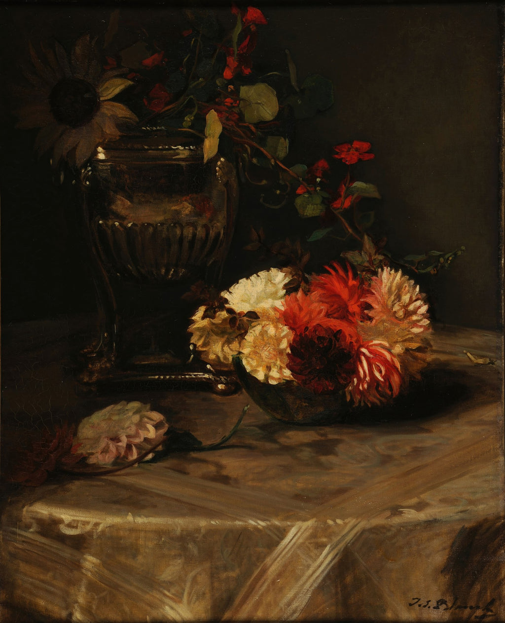 Quadro decorativo de natureza morta com flores vibrantes e um vaso prateado, sobre uma mesa coberta por um tecido claro. Assinatura de Jacques Émile Blanche no canto inferior direito.