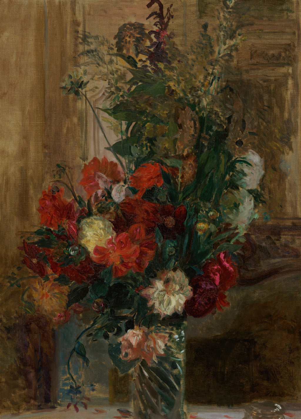 Quadro decorativo com vaso de flores de Jacques Émile Blanche. A pintura apresenta um arranjo floral exuberante com flores vermelhas, brancas e amarelas em um vaso listrado, sobre um fundo neutro em tons de marrom e dourado.