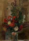 Quadro decorativo com vaso de flores de Jacques Émile Blanche. A pintura apresenta um arranjo floral exuberante com flores vermelhas, brancas e amarelas em um vaso listrado, sobre um fundo neutro em tons de marrom e dourado.