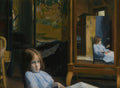 Pintura a óleo de Jacques Émile Blanche 'A Menina no Espelho', retratando uma jovem garota de cabelo castanho e vestido azul claro, sentada em uma cadeira, olhando para fora da tela. Ao fundo, um espelho reflete sua imagem de perfil. A iluminação é suave, e o ambiente é de um interior com tons de marrom e dourado.