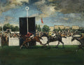 Pintura a óleo de Jacques Émile Blanche mostrando uma corrida de cavalos com três cavalos e seus jóqueis em primeiro plano, aproximando-se da linha de chegada. Uma multidão vibrante preenche o fundo, sob um céu nublado. A obra transmite movimento e drama.