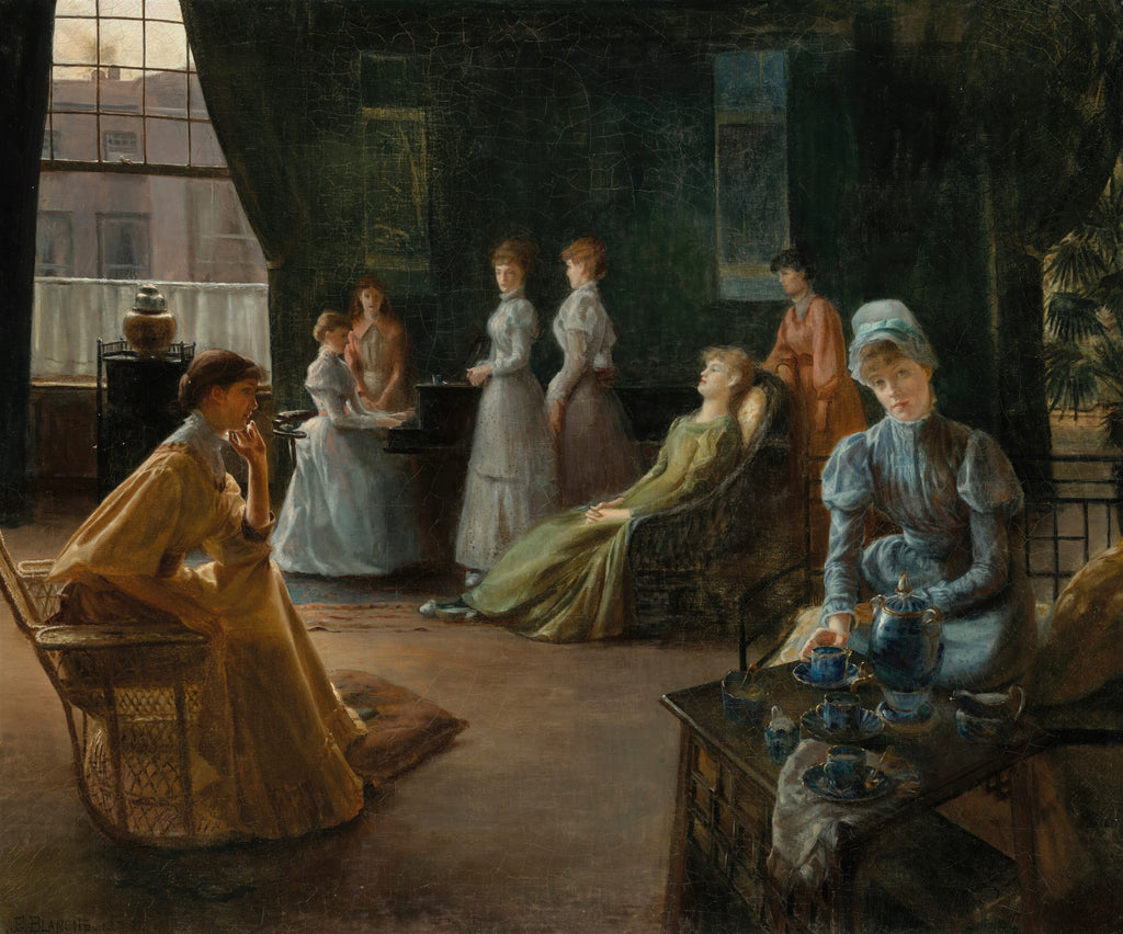 Pintura a óleo de Jacques Émile Blanche, 'A Hora do Chá', retratando um grupo de mulheres elegantemente vestidas em um interior sofisticado do século XIX, algumas sentadas e outras em pé, interagindo durante um ritual de chá, com luz suave entrando por uma grande janela.