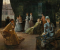 Pintura a óleo de Jacques Émile Blanche, 'A Hora do Chá', retratando um grupo de mulheres elegantemente vestidas em um interior sofisticado do século XIX, algumas sentadas e outras em pé, interagindo durante um ritual de chá, com luz suave entrando por uma grande janela.